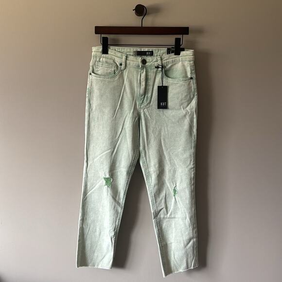 NWT KUT FROM THE KLOTH RACHAEL MOM JEAN PASTEL/LIME GREEN ACID WASH SIZE 4 - Picture 1 of 11